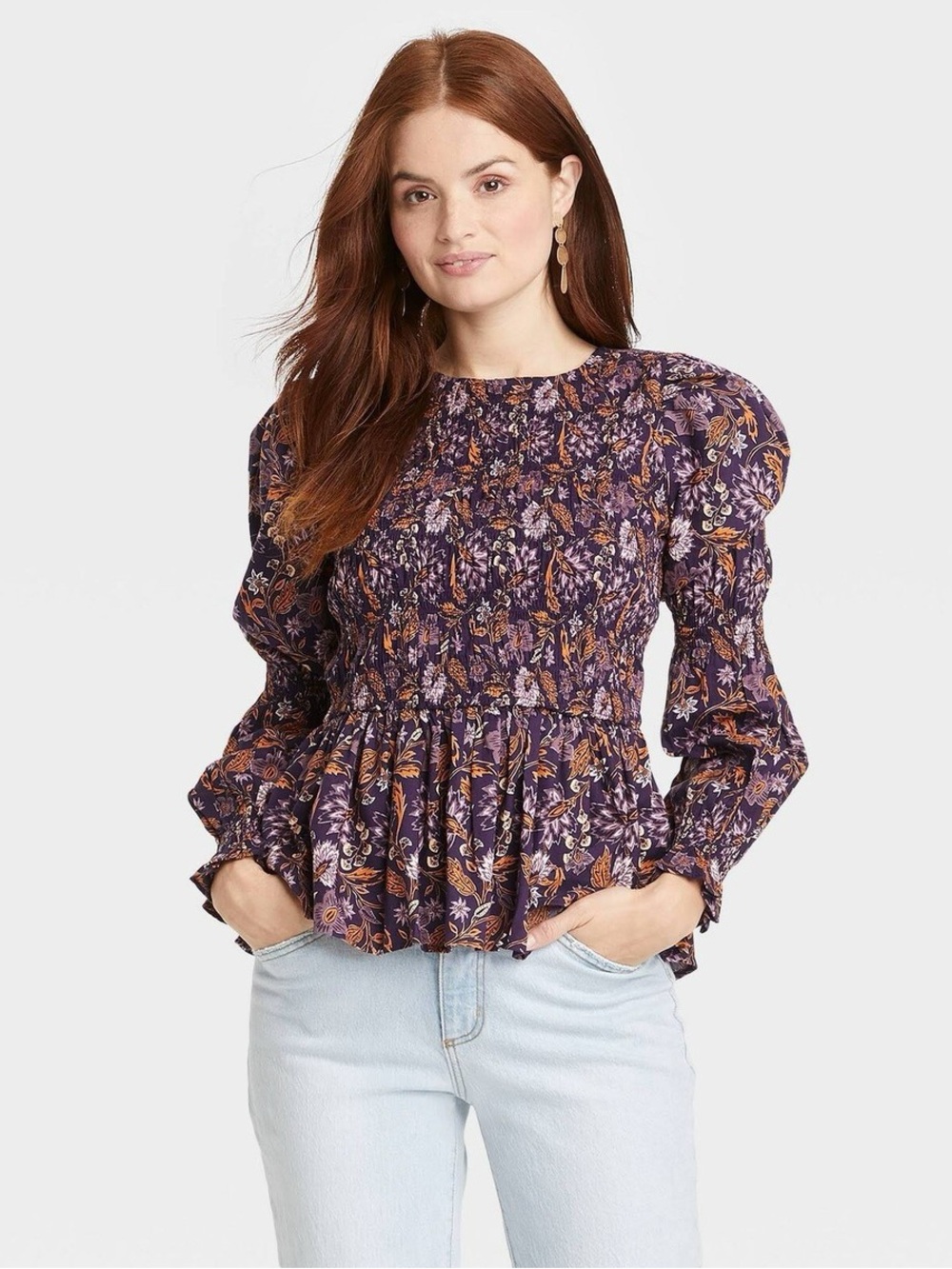Universal Thread Purple Floral Smocked Peplum Blouse